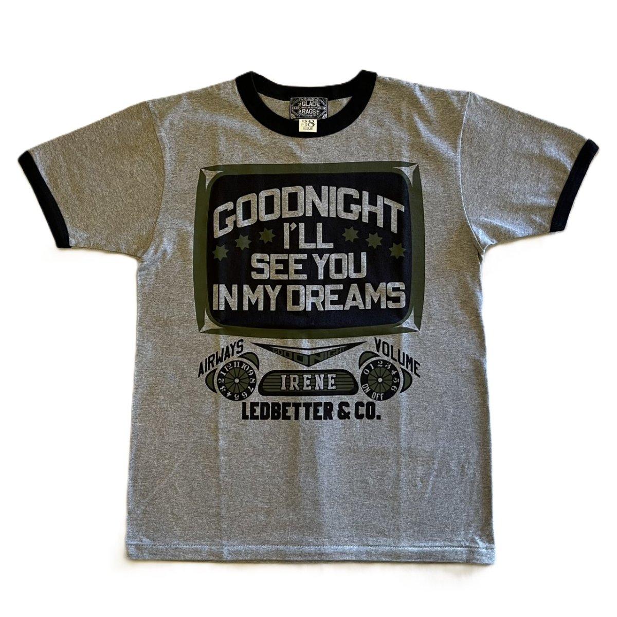画像1: ’BO’S GLAD RAGS [100% Cotton Ringer Tee “Goodnight Irene” Heather Gray× Washout Black size.M,L,XL] (1)