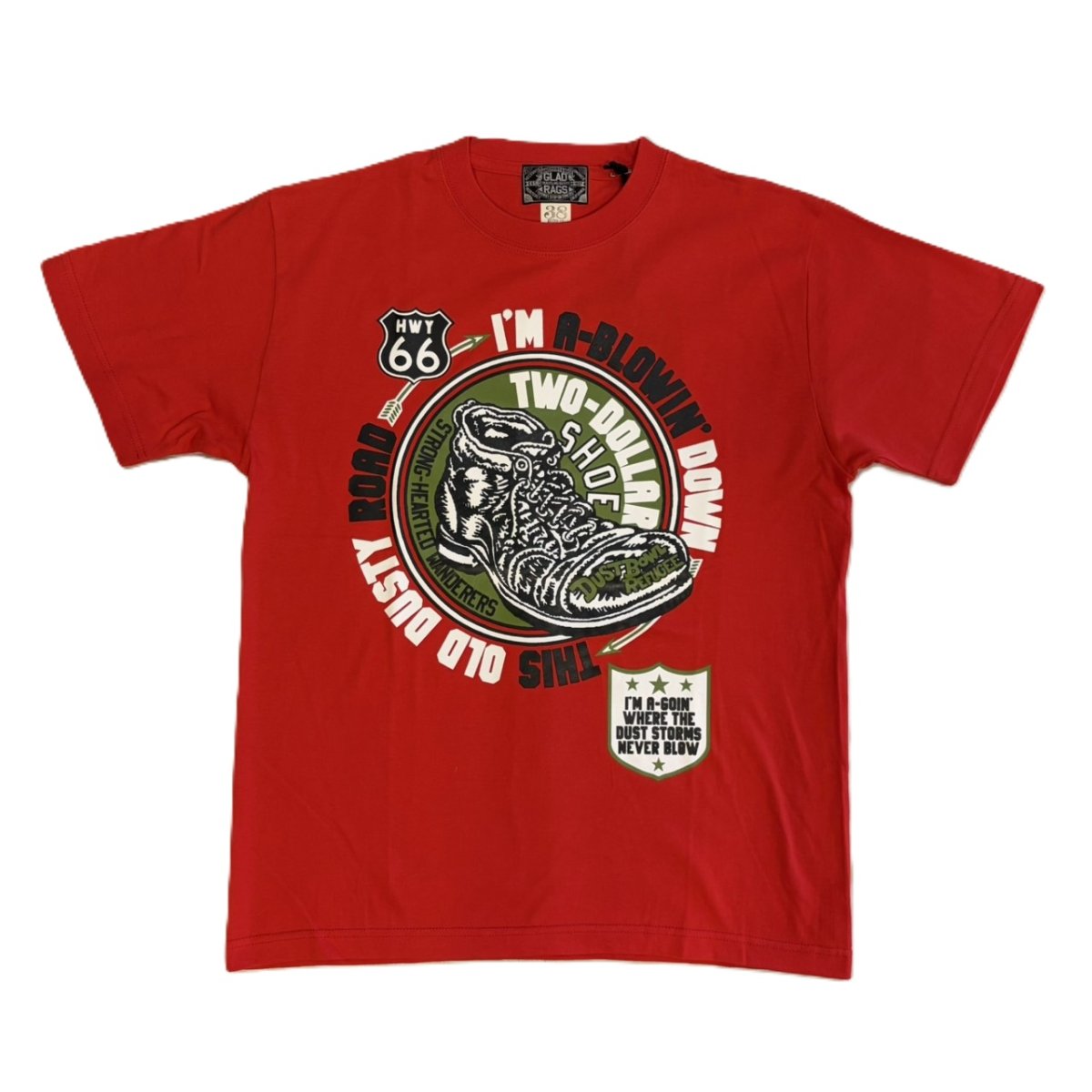 画像1: ’BO’S GLAD RAGS [100% Cotton Tee “Blowin’ Down This Old Dusty Road” by Woody Guthrie Scarlet size.M,L,XL] (1)