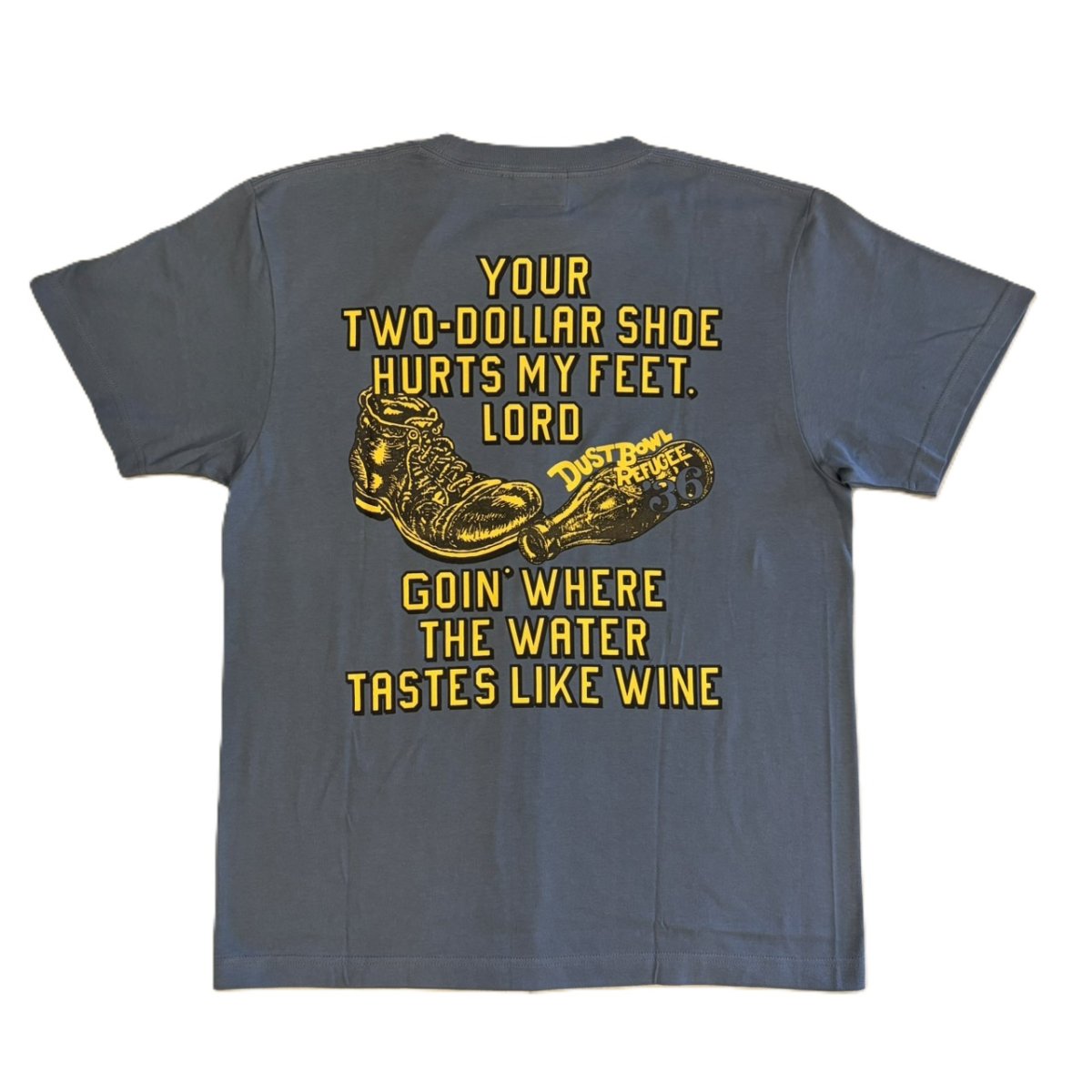 画像2: ’BO’S GLAD RAGS [100% Cotton Tee “Blowin’ Down This Old Dusty Road” by Woody Guthrie Dusty Blue size.M,L,XL] (2)