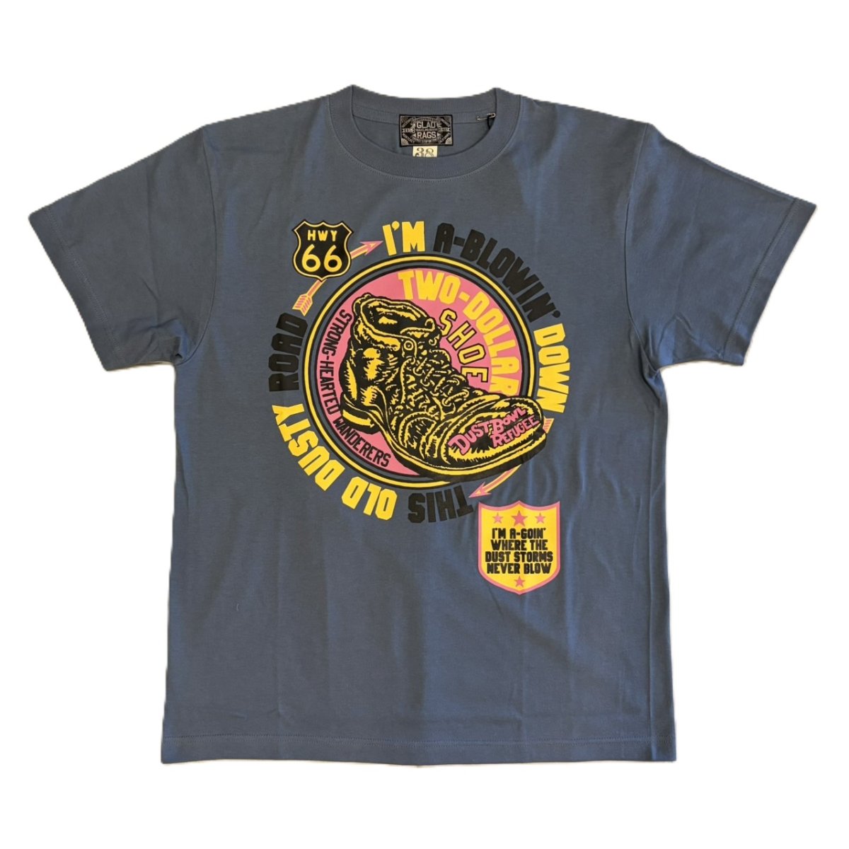 画像1: ’BO’S GLAD RAGS [100% Cotton Tee “Blowin’ Down This Old Dusty Road” by Woody Guthrie Dusty Blue size.M,L,XL] (1)