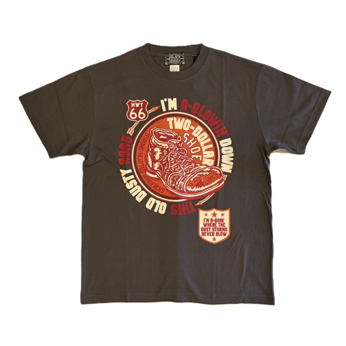 画像1: ’BO’S GLAD RAGS [100% Cotton Tee “Blowin’ Down This Old Dusty Road” by Woody Guthrie Fade Black size.M,L,XL] (1)