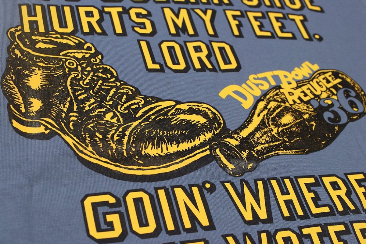 画像8: ’BO’S GLAD RAGS [100% Cotton Tee “Blowin’ Down This Old Dusty Road” by Woody Guthrie Dusty Blue size.L] (8)